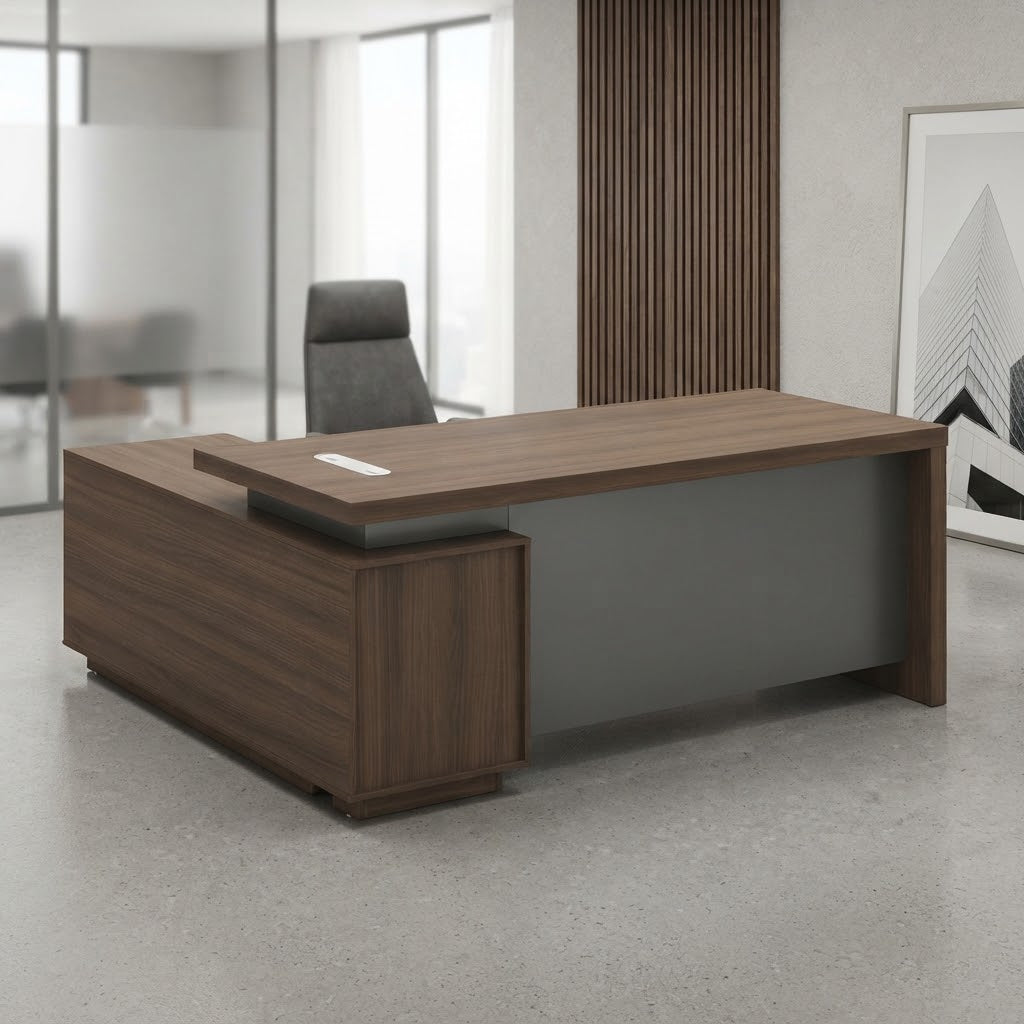 Bureau de direction design forme L noyer et gris F1316