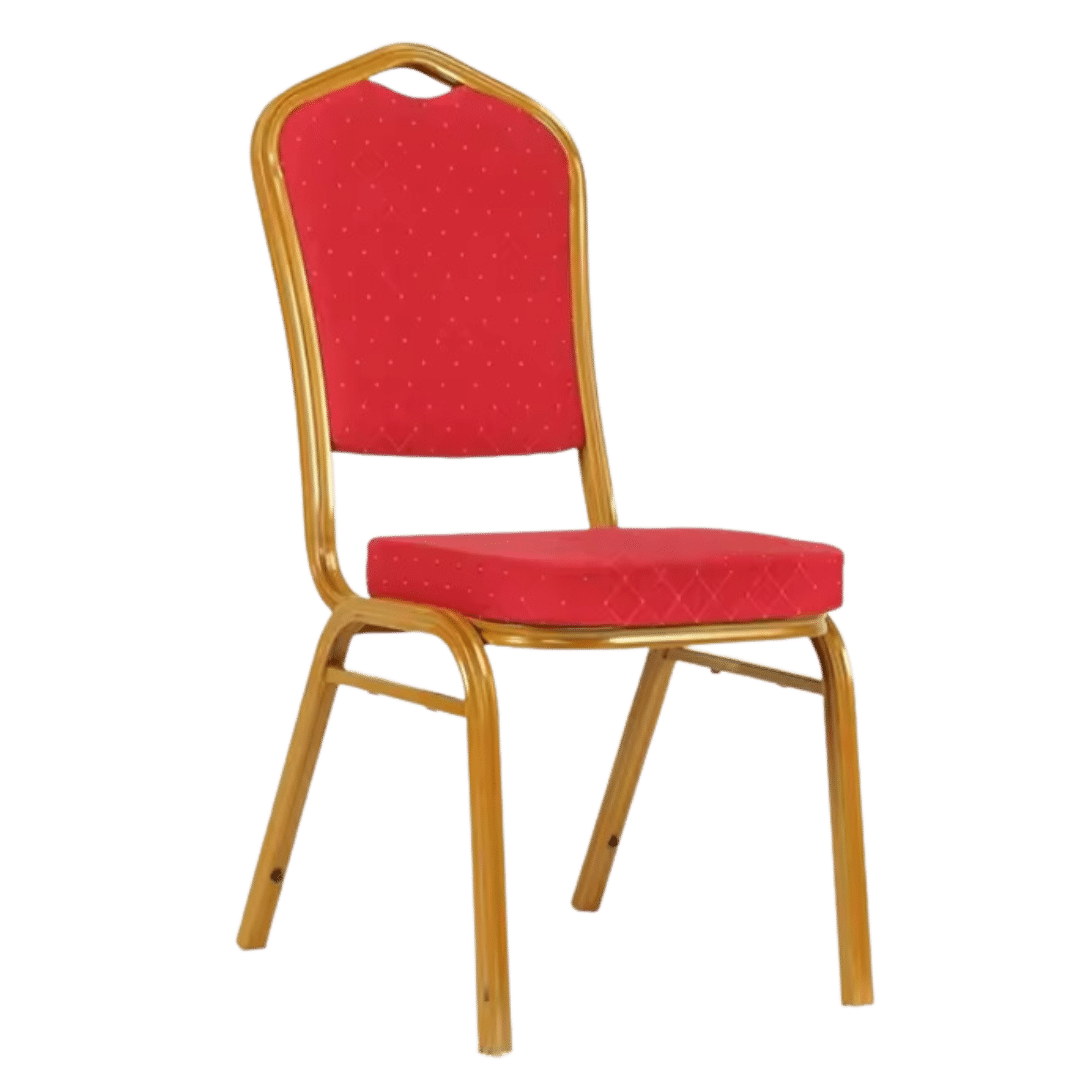 Chaise traiteur en tissu rouge piétement doré empilable F1096