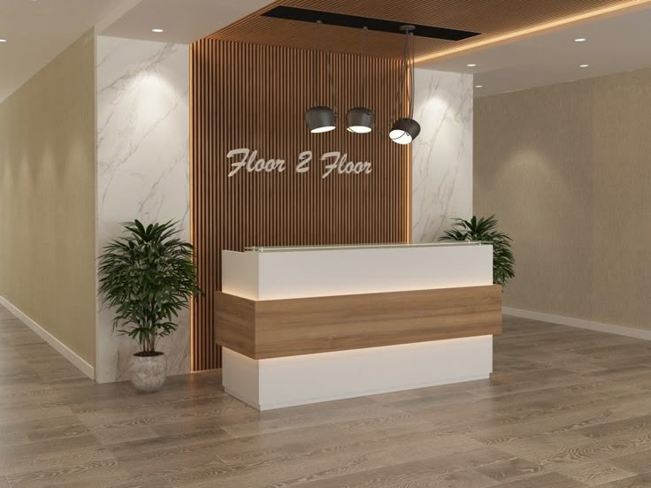 Comptoir d'Accueil Blanc avec Bande en Bois - Design Moderne et Professionnel F1055