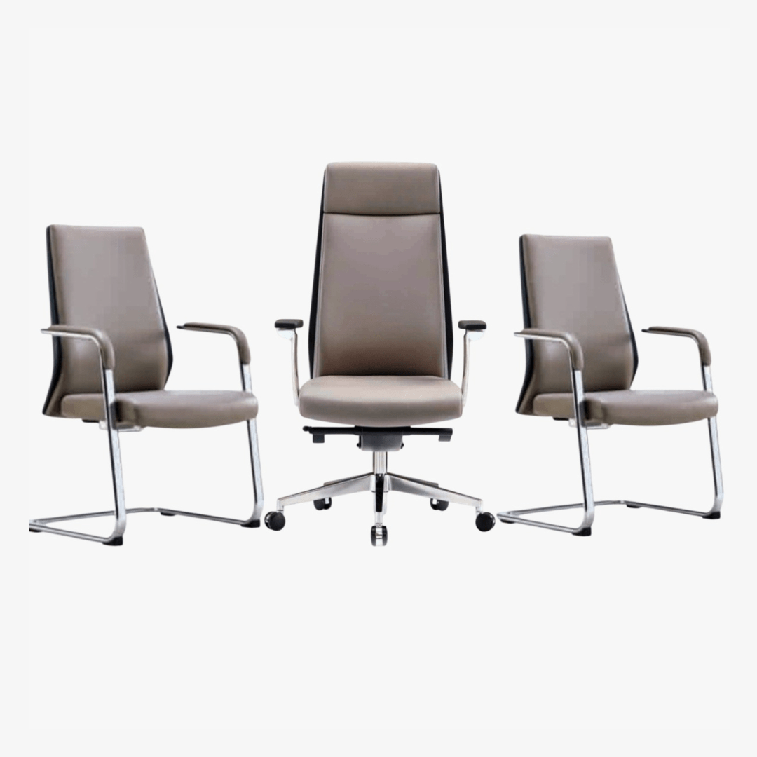 Pack de fauteuils de bureau en cuir gris F1177 direction et visiteurs - Almas Mobilier Maroc