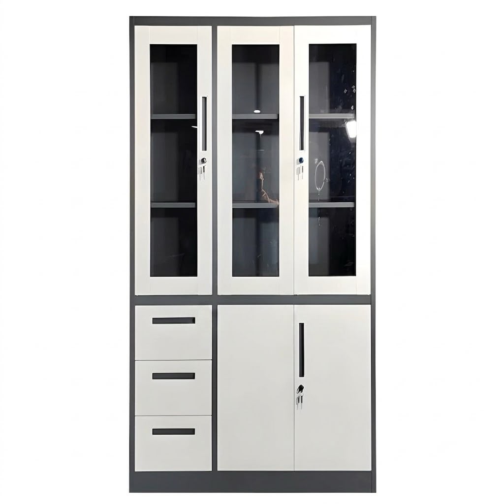 Armoire métallique 3 portes vitrées avec tiroirs F1186 185x120x40 cm – bureau professionnel Maroc