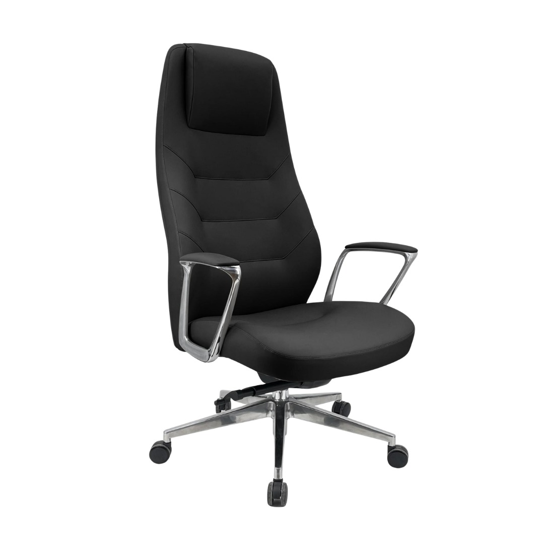 Fauteuil de Direction Premium F1217 – Cuir Noir Dossier Haut Appui-Tête – Base Aluminium Poli