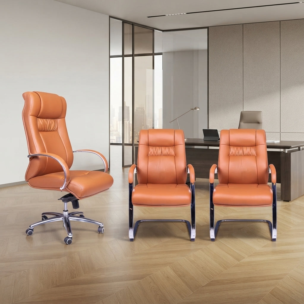 Pack fauteuil de direction et chaises visiteur en simili cuir orange F1314