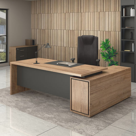 Bureau de direction élégant avec retour fixe F1173 bois et gris 160 180 200 cm - Almas Mobilier Maroc