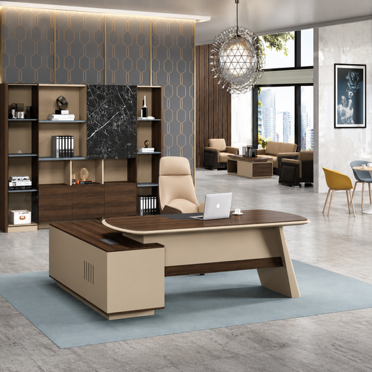 Bureau en bois design moderne F1176 bureau de direction avec retour - Almas Mobilier Maroc