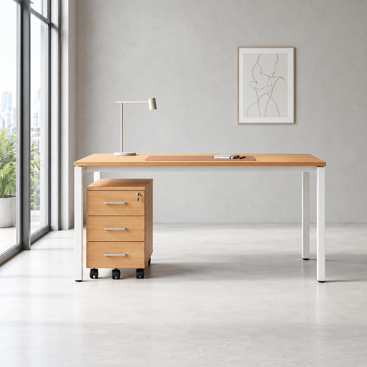 Bureau individuel moderne F1321 avec plateau d’aspect bois clair, piètement blanc et caisson mobile à trois tiroirs présenté sous le plateau