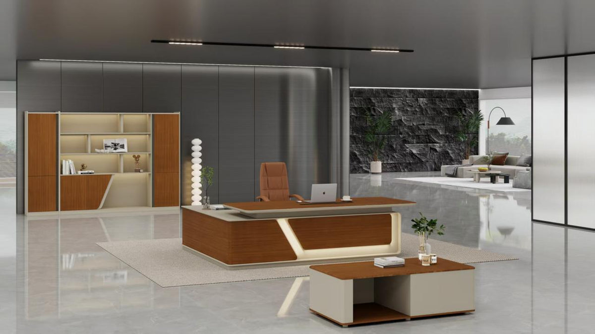 Bureau de direction F1330 aux tons bois et clairs, avec façade géométrique, présenté dans un espace professionnel moderne.