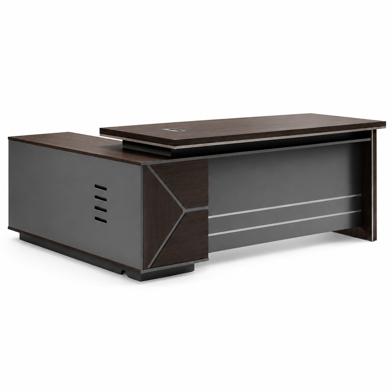 Bureau de direction exécutif en L F1242, plateau wengé et structure anthracite avec retour latéral – Almas Mobilier