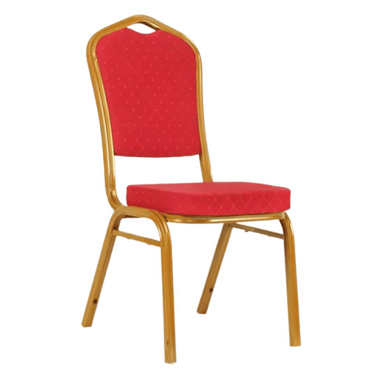 Chaise traiteur en tissu rouge piétement doré empilable F1096