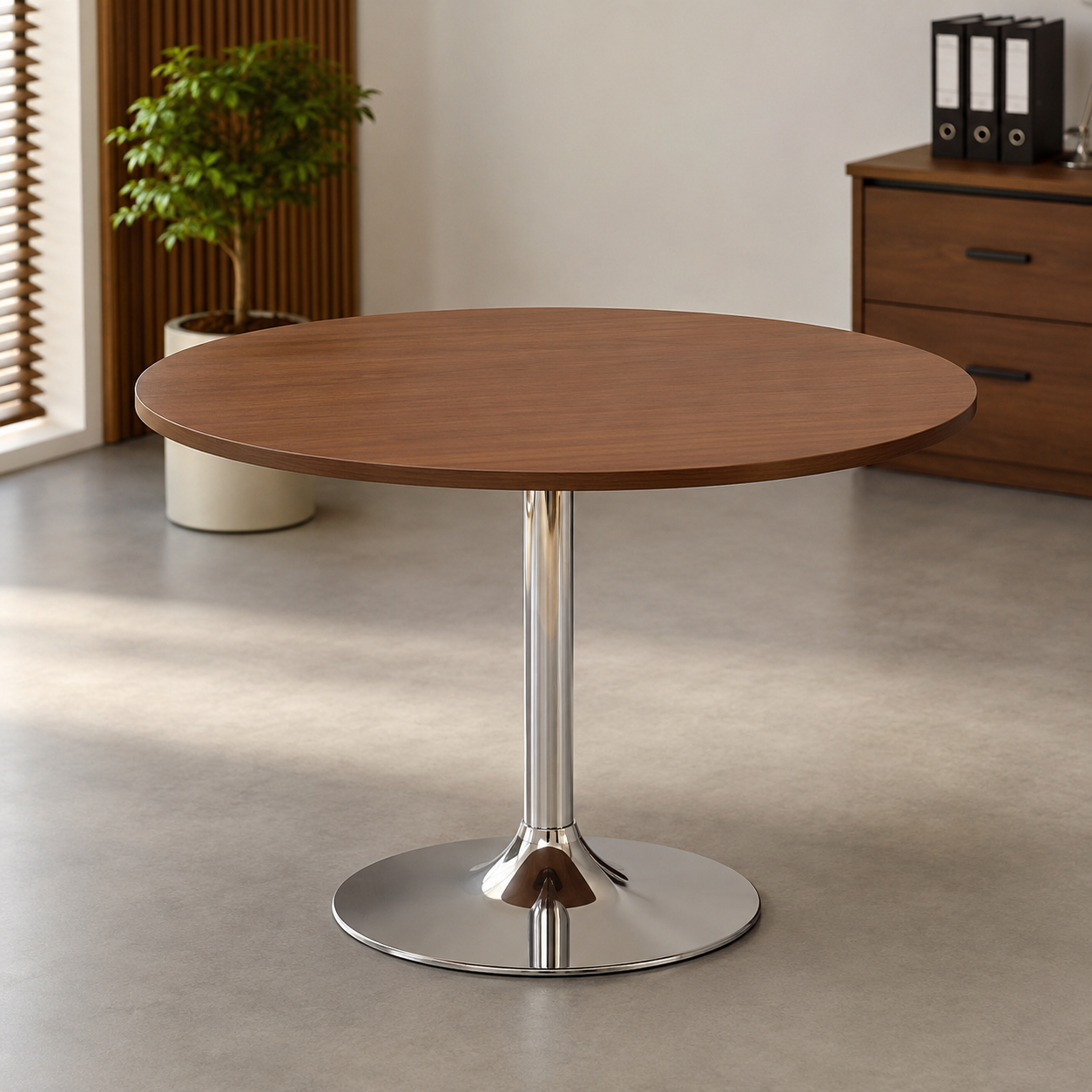 Table ronde moderne F1192 plateau bois noyer pied chromé – bureau réunion professionnel Maroc