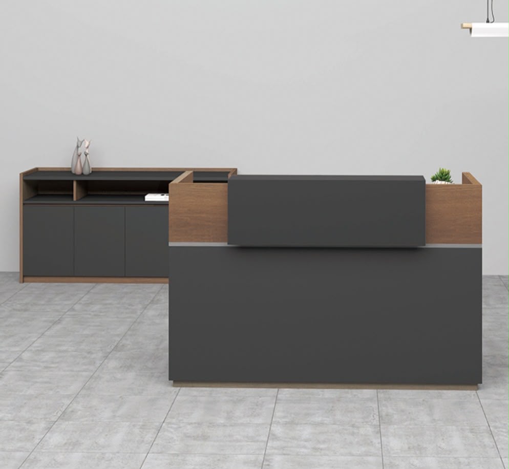 Comptoir d'accueil en bois F1179 – finition anthracite et noyer