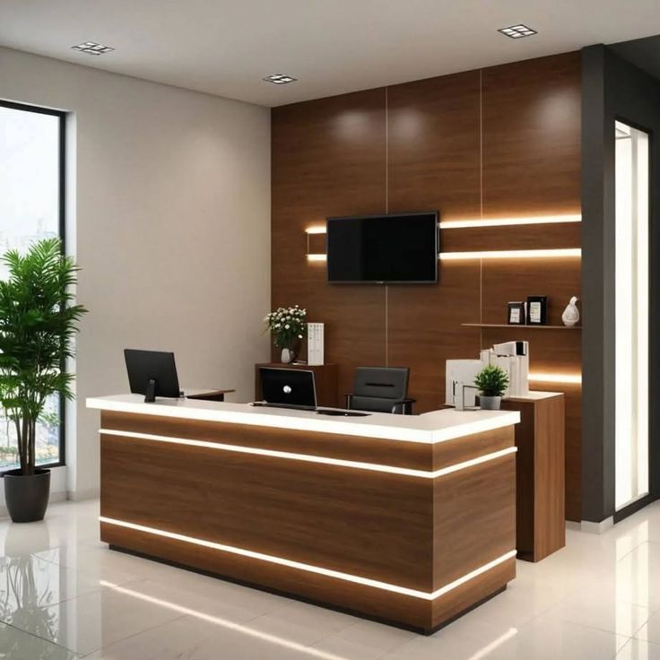 Comptoir d'Accueil Moderne Bois Foncé et Blanc avec LED Intégré F1052