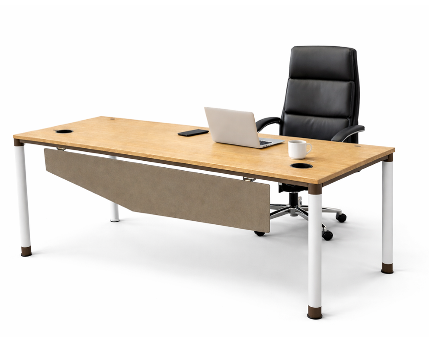 Bureau individuel professionnel F1244 plateau bois clair et structure métallique blanche avec modesty panel – Almas Mobilier