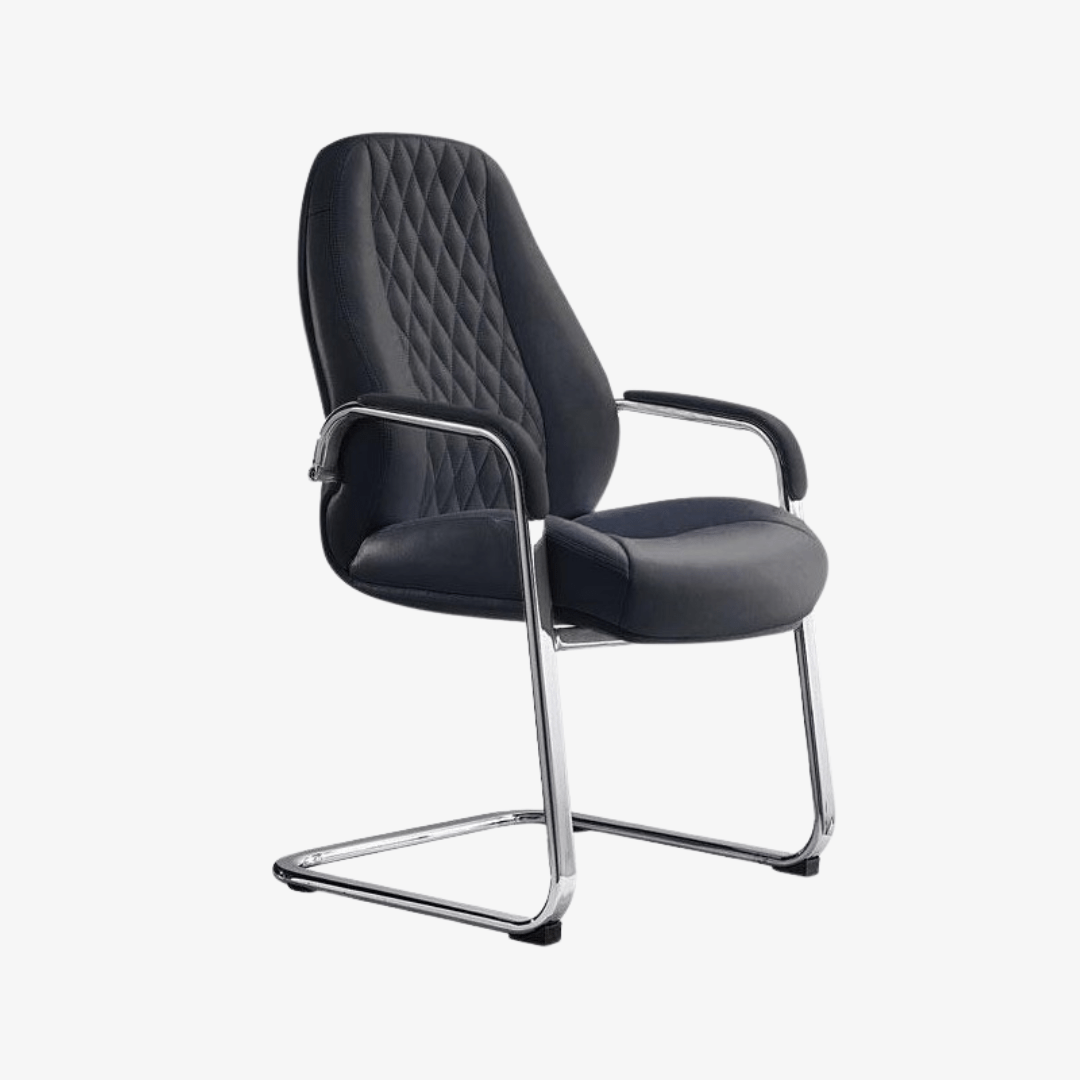 Chaise visiteur design en cuir noir capitonné luge chromée F1084