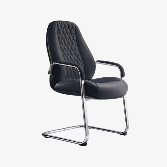 Chaise visiteur design en cuir noir capitonné luge chromée F1084