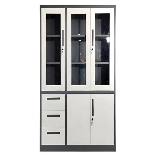 Armoire métallique 3 portes vitrées avec tiroirs F1186 185x120x40 cm – bureau professionnel Maroc
