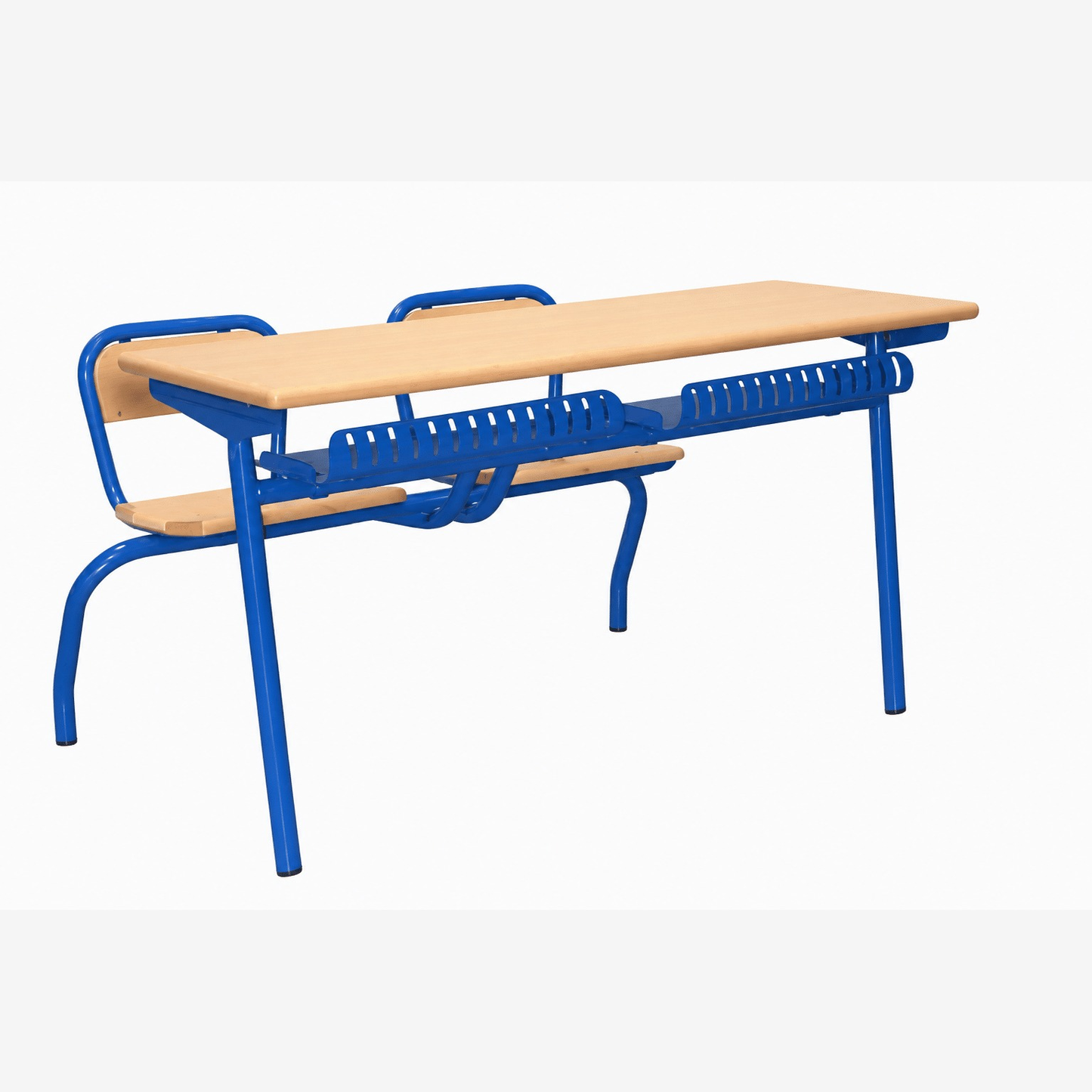 Pupitre scolaire 2 places structure métallique bleue plateau bois hître F1207 – mobilier scolaire Maroc | Almas Mobilier