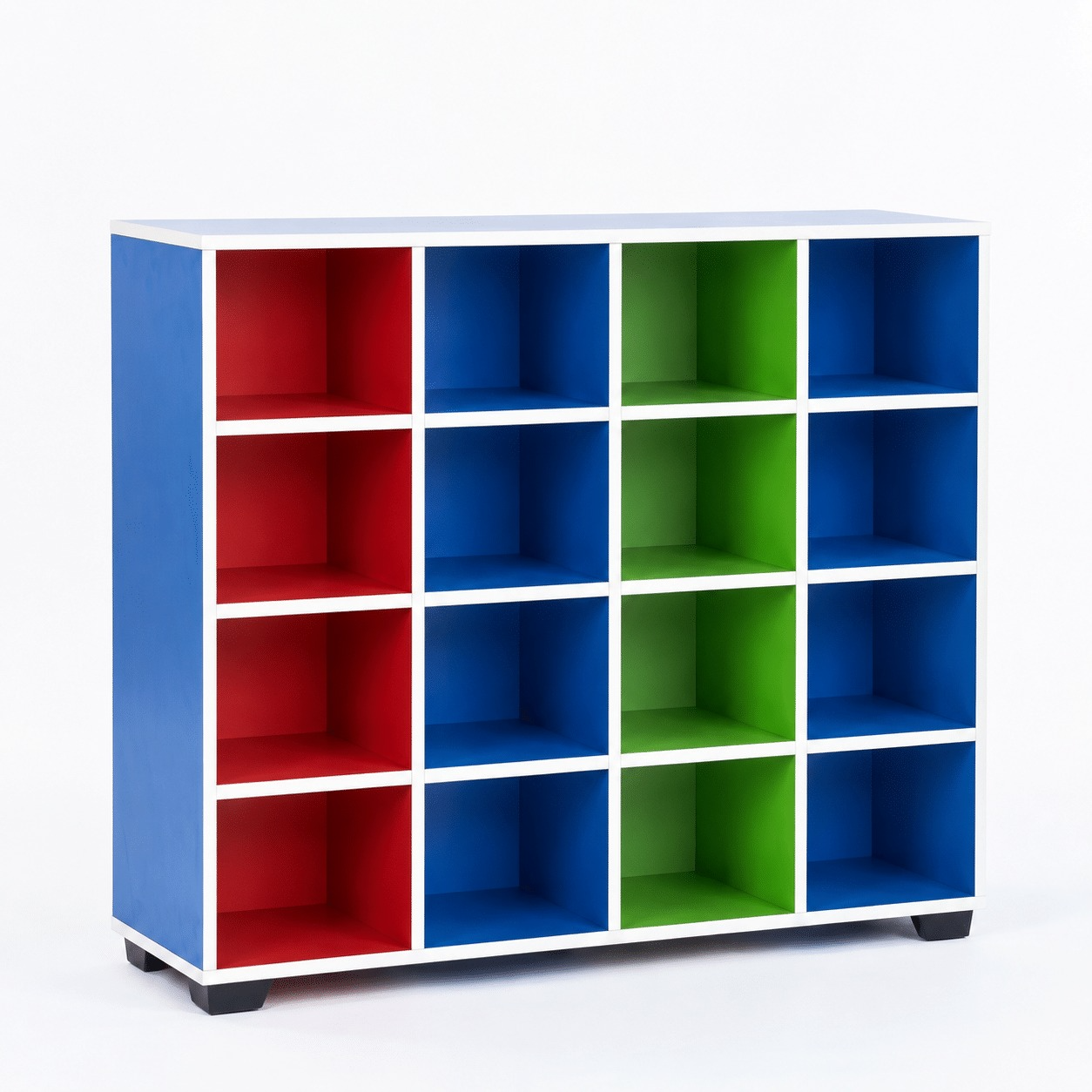 Meuble rangement multicases 16 compartiments MDF multicolore rouge bleu vert F1210 – mobilier école crèche Maroc | Almas Mobilier