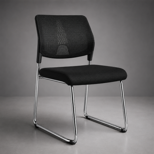 Chaise de réunion F1231 maille noire piètement luge chromé - vue de trois quarts