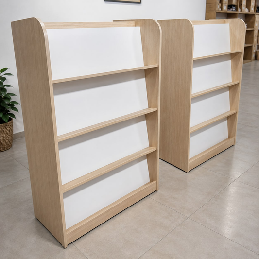 Présentoir de livres 3 niveaux finition hêtre naturel et blanc pour bibliothèque scolaire et espace éducatif Maroc