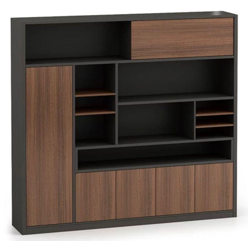 Meuble de rangement multifonction F1196 bicolore anthracite et bois noyer – bureau professionnel Maroc | Almas Mobilier