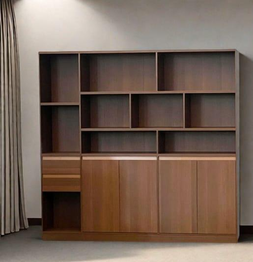 Bibliothèque moderne professionnelle en bois F1195 – étagères ouvertes et portes pleines – rangement bureau Maroc | Almas Mobilier