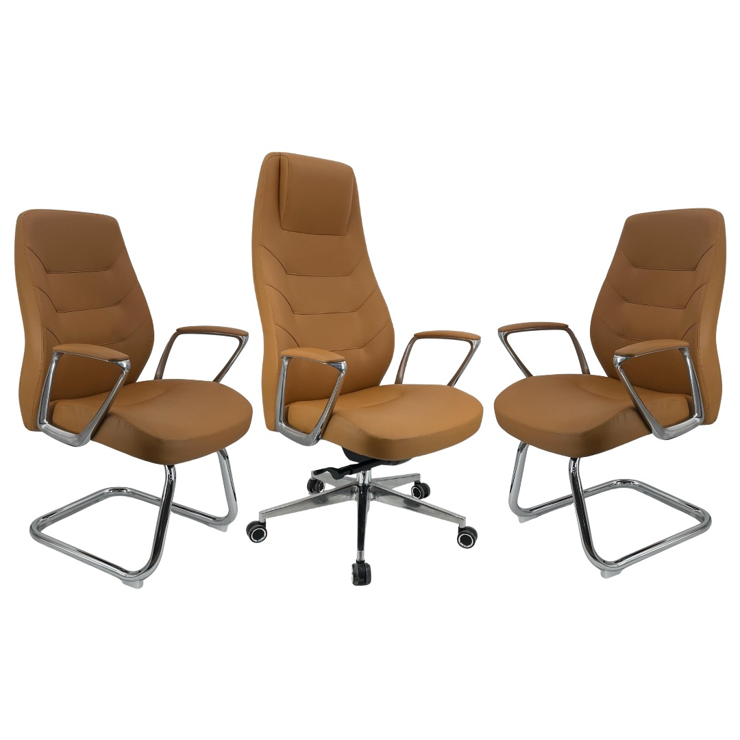 Collection Fauteuil Direction & Visiteur F1216 – Cuir Marron Camel – Set 3 Pièces