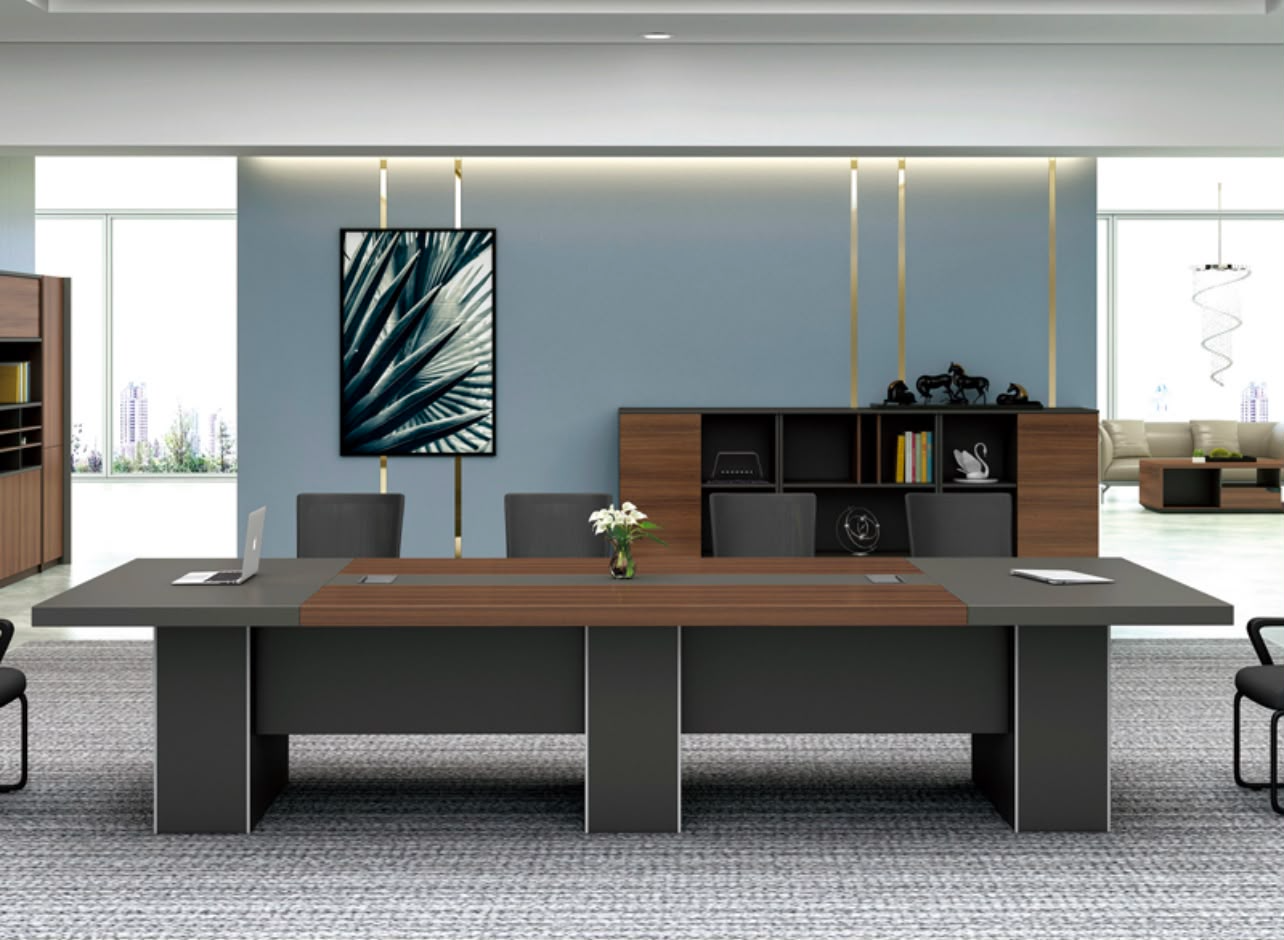 Table de réunion exécutive F1197 bicolore anthracite et bois noyer – salle de réunion professionnelle Maroc | Almas Mobilier