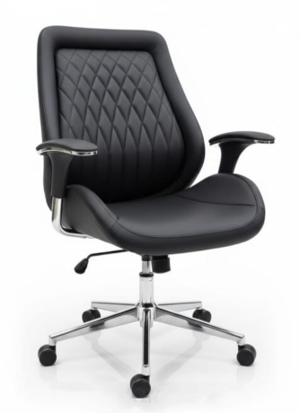 Fauteuil de direction luxe en cuir noir avec dossier matelassé losanges et piétement chromé étoile 5 branches