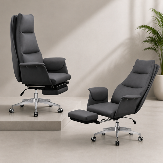 Fauteuil de direction haut dossier cuir PU gris F1227 avec repose-pieds escamotable – Almas Mobilier Maroc