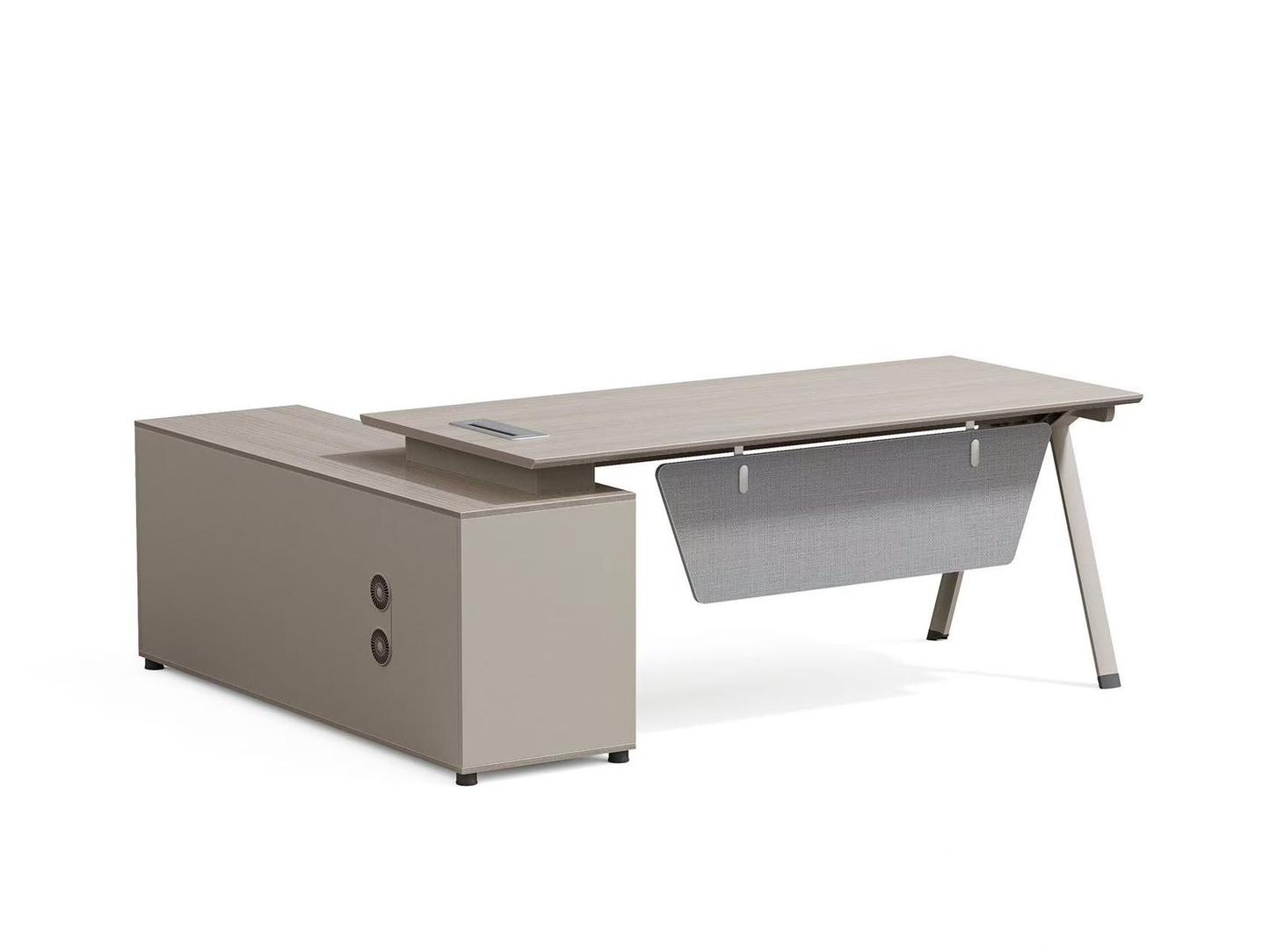 Bureau présidentiel contemporain en L F1203 gris taupe pieds métal V – bureau de direction Maroc | Almas Mobilier