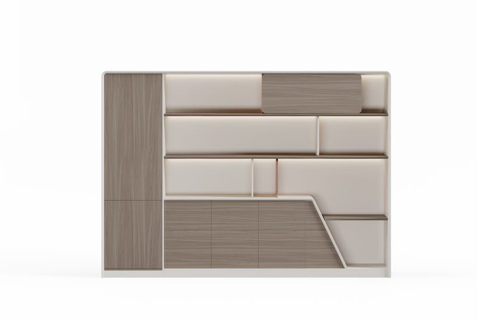 Bibliothèque design contemporaine F1199 bicolore taupe et blanc avec rétroéclairage LED – bureau luxe Maroc | Almas Mobilier
