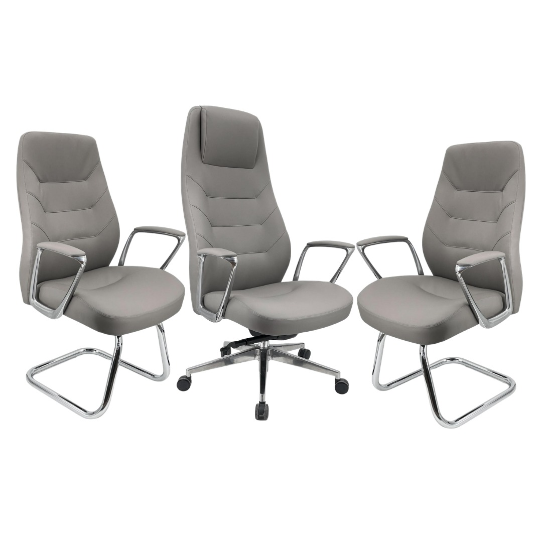 Collection Fauteuil Direction & Visiteur F1216 – Cuir Gris – Set 3 Pièces