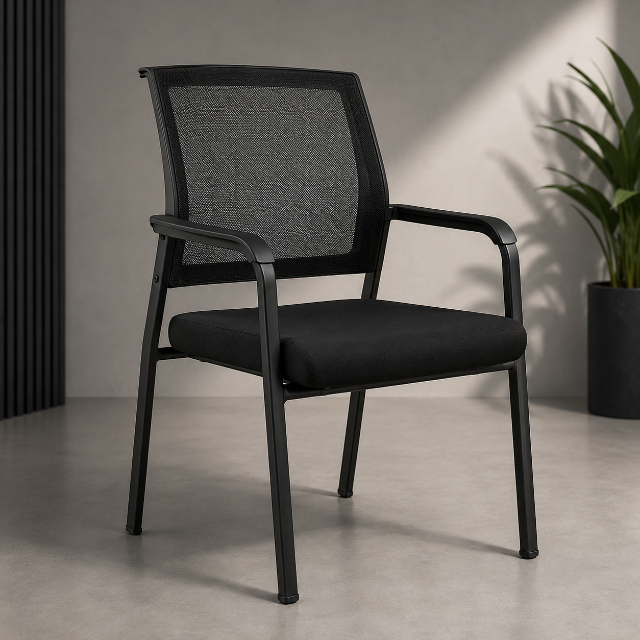 Chaise visiteur ergonomique F1232 maille noire avec accoudoirs - vue de trois quarts