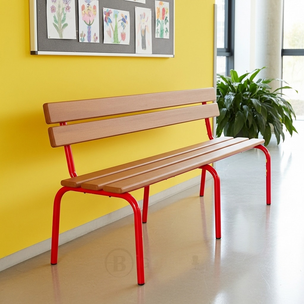 Banc métallique confort avec dossier F1193 120cm – structure rouge lattes bois – couloir scolaire Maroc | Almas Mobilier