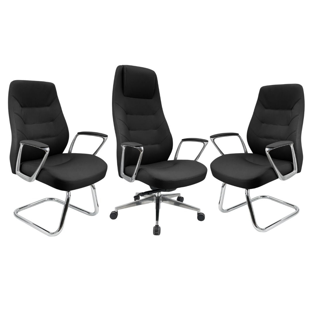 Collection Fauteuil Direction & Visiteur F1216 – Cuir Noir – Set 3 Pièces