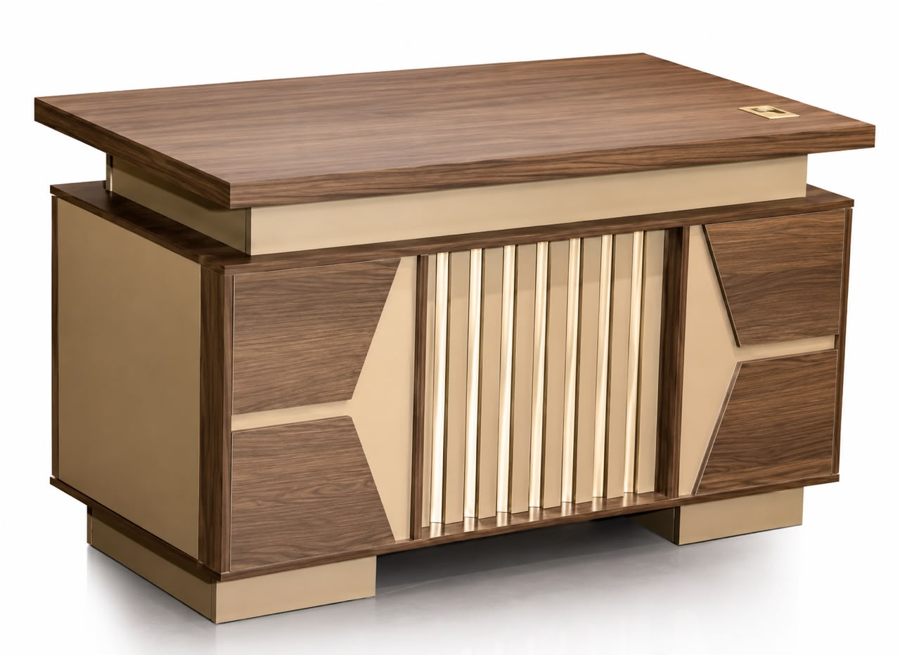Bureau opérateur prestige en bois F1206 160cm noyer et beige doré façade sculptée barreaux dorés – bureau direction luxe Maroc | Almas Mobilier