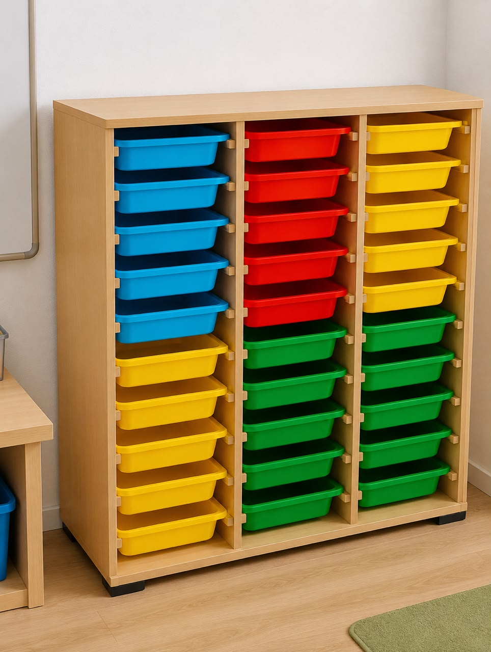 Armoire pédagogique 3 colonnes avec 30 bacs de rangement multicolores bleu rouge jaune vert