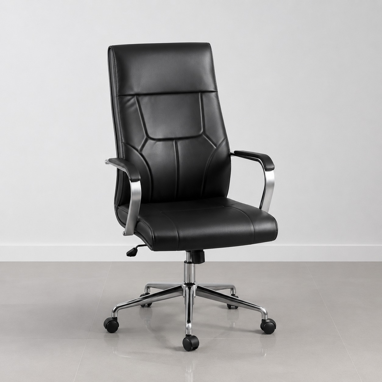 Fauteuil de bureau exécutif en cuir noir F1208 dossier haut capitonné accoudoirs et base chromés – siège direction Maroc | Almas Mobilier