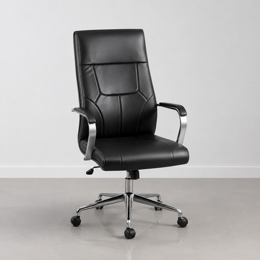 Fauteuil de bureau exécutif en cuir noir F1208 dossier haut capitonné accoudoirs et base chromés – siège direction Maroc | Almas Mobilier