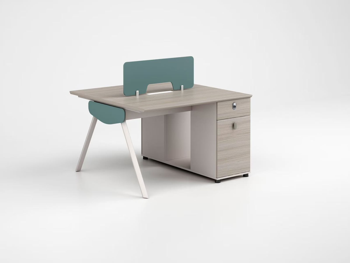 Bureau collaboratif bench 2 postes F1200 séparateur acoustique vert canard pieds métal blanc – open space Maroc | Almas Mobilier