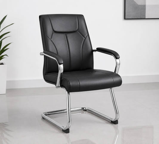 Fauteuil visiteur en cuir noir F1209 piètement luge chromé accoudoirs rembourrés – salle de réunion Maroc | Almas Mobilier