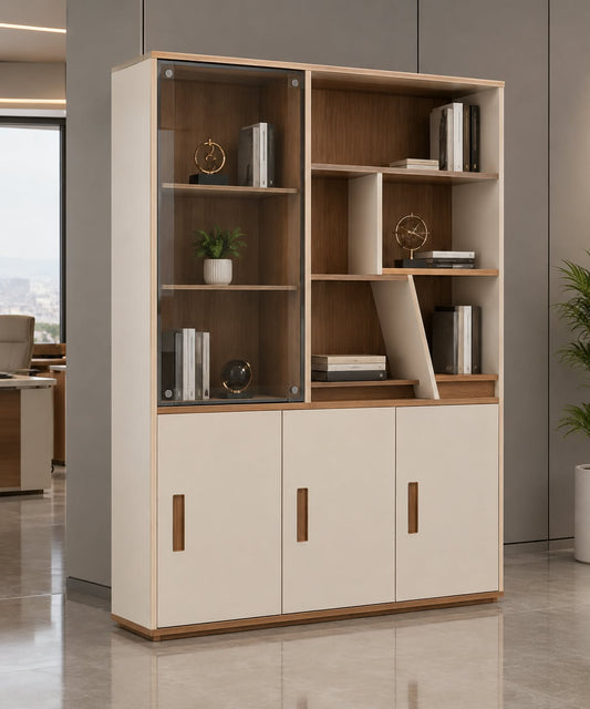 Meuble de rangement F1333 beige et effet bois avec étagères, compartiment vitré et trois portes basses.