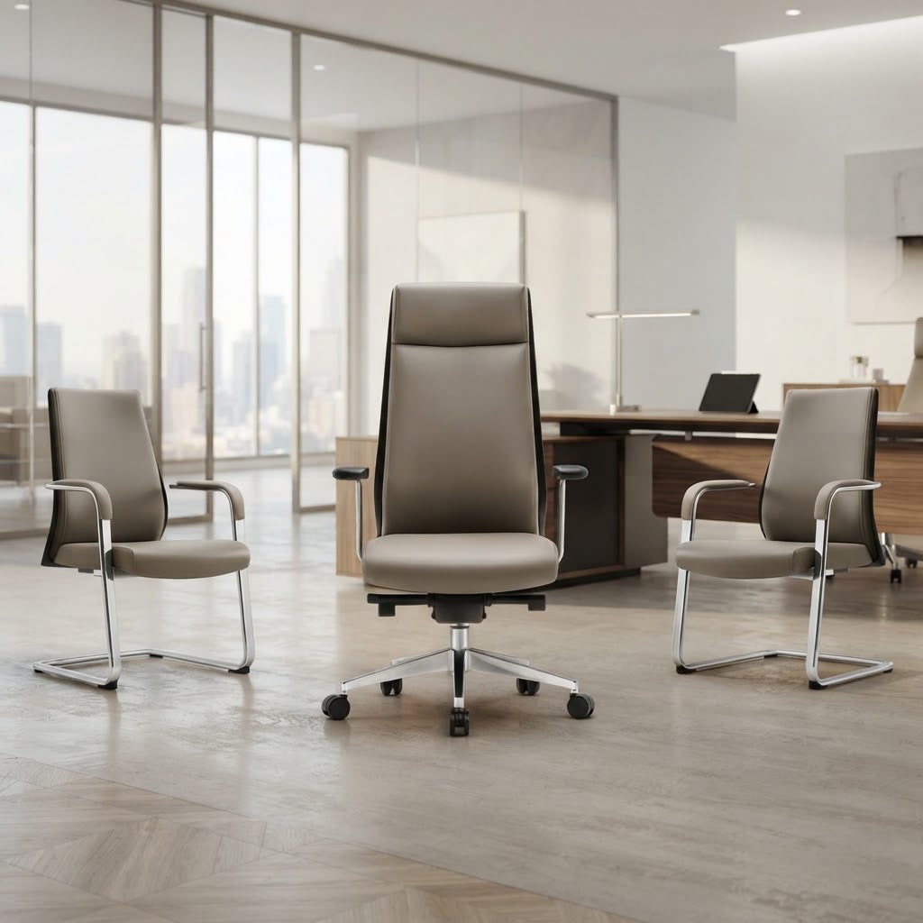 Pack fauteuil de direction et chaises visiteur en simili cuir taupe F1313